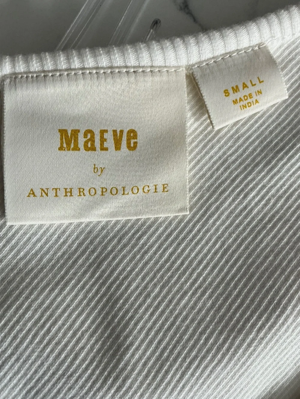 Anthropologie Maeve White Ribbed Cotton Knit V Neck Puff Sleeve Bow Top SZ S